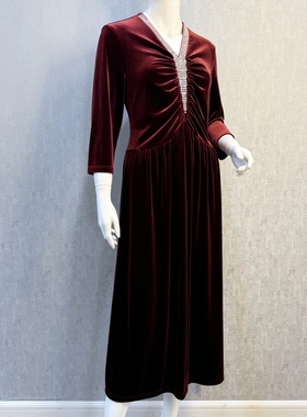 秀巧正品30256丝绒镶钻连衣裙纯色优雅宴会场合礼裙高端丝绒