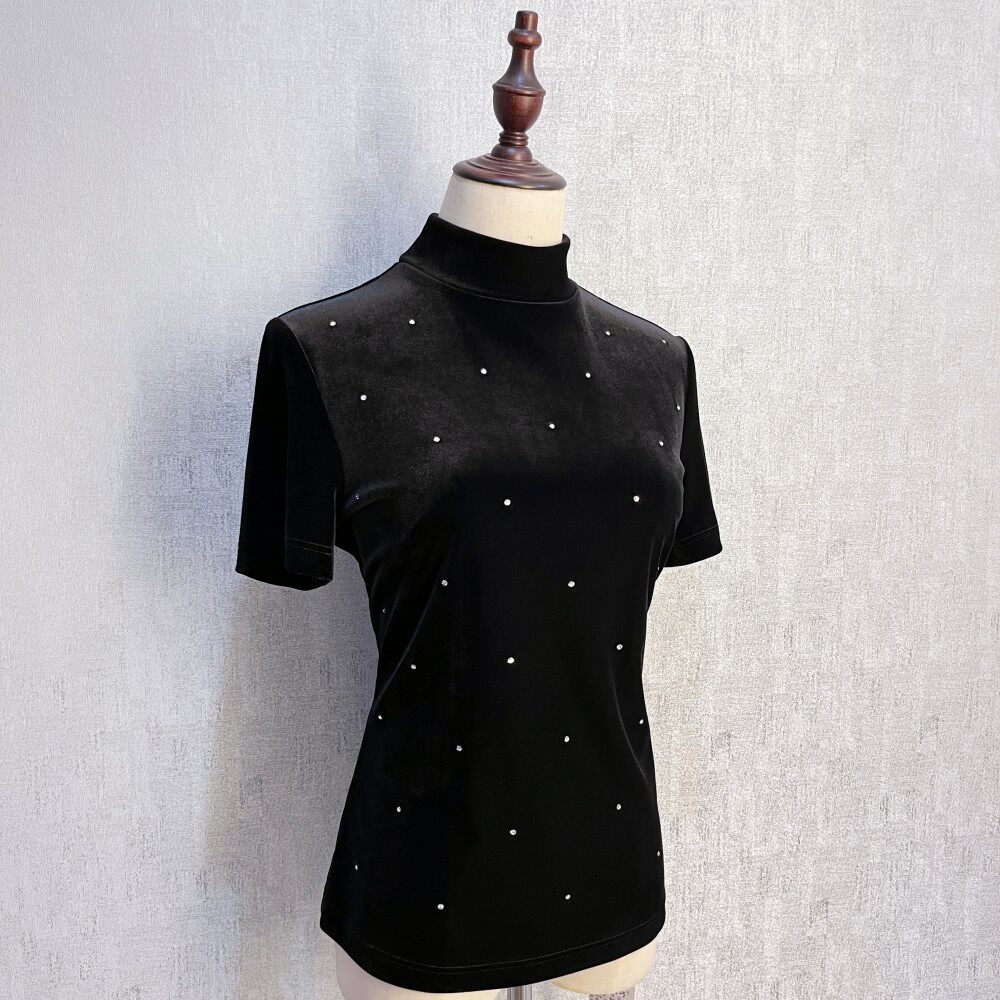 秀巧正品1051丝绒镶钻半高领打底衫t恤衬衫短袖弹力修身高档女装