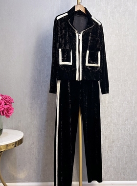 秀巧20068新款丝绒套装长袖拉链开衫高腰直筒时尚休闲洋气高端