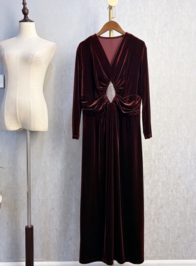 秀巧正品30171丝绒连衣裙长款修身显瘦气质优雅妈妈宴会喜庆酒红