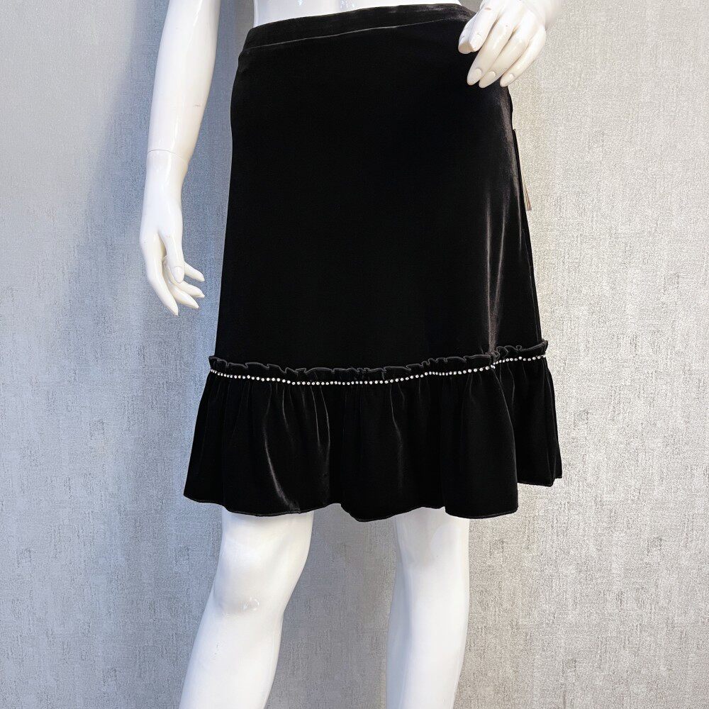 秀巧正品2099丝绒纯黑a字群短款镶钻荷叶边修身显瘦气质女装清仓