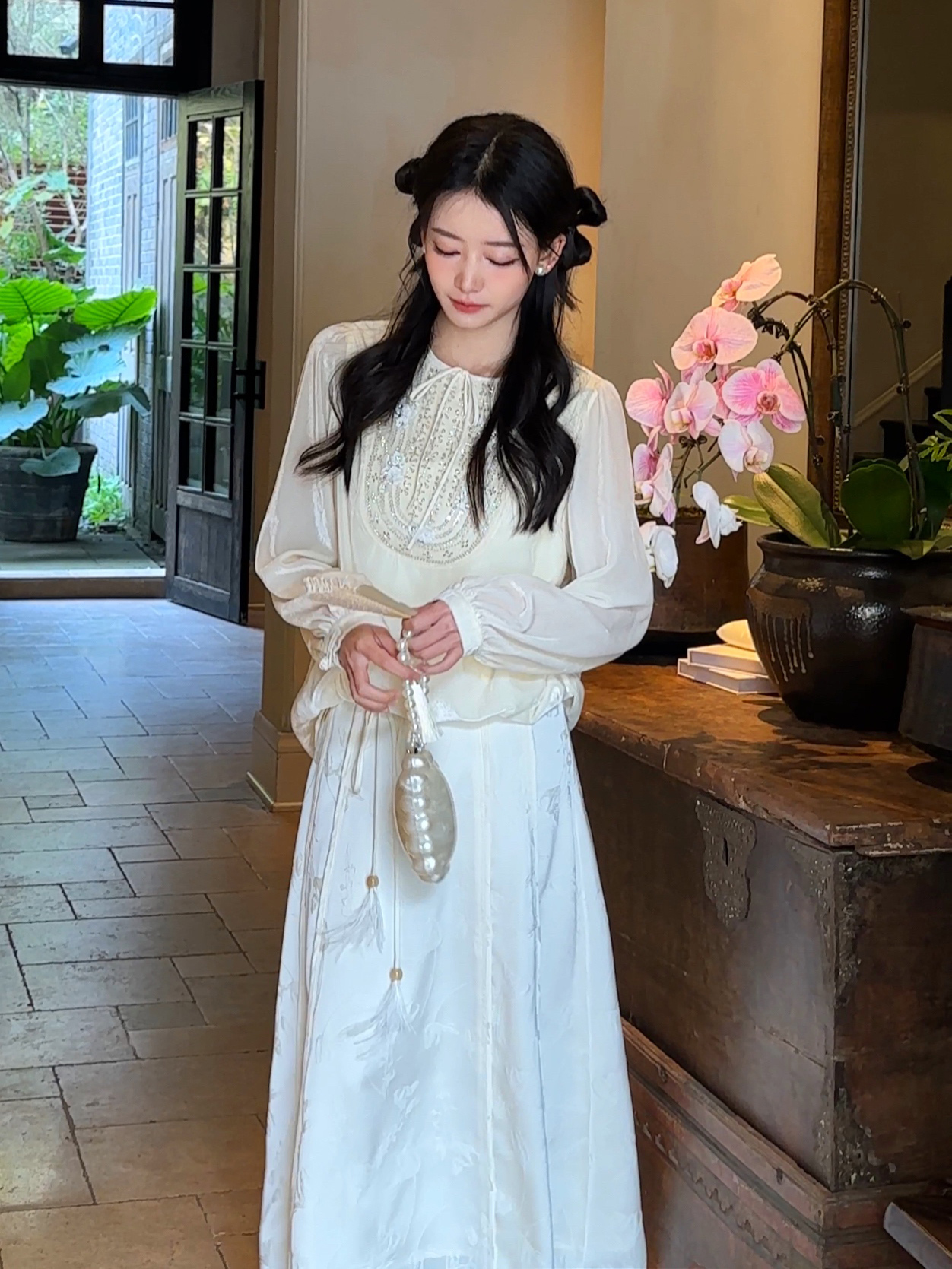 Thecoco 银月光立体珠片丝绒上衣女春季新中式设计感小众长袖衬衫
