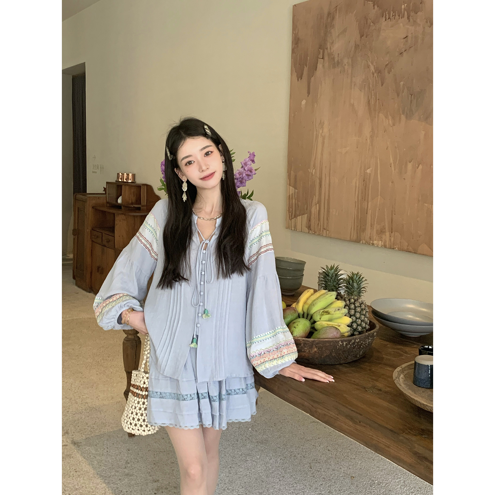 Thecoco 海盐水 柔软人棉麻刺绣拼接蓝色套装女夏气质搭配一整套