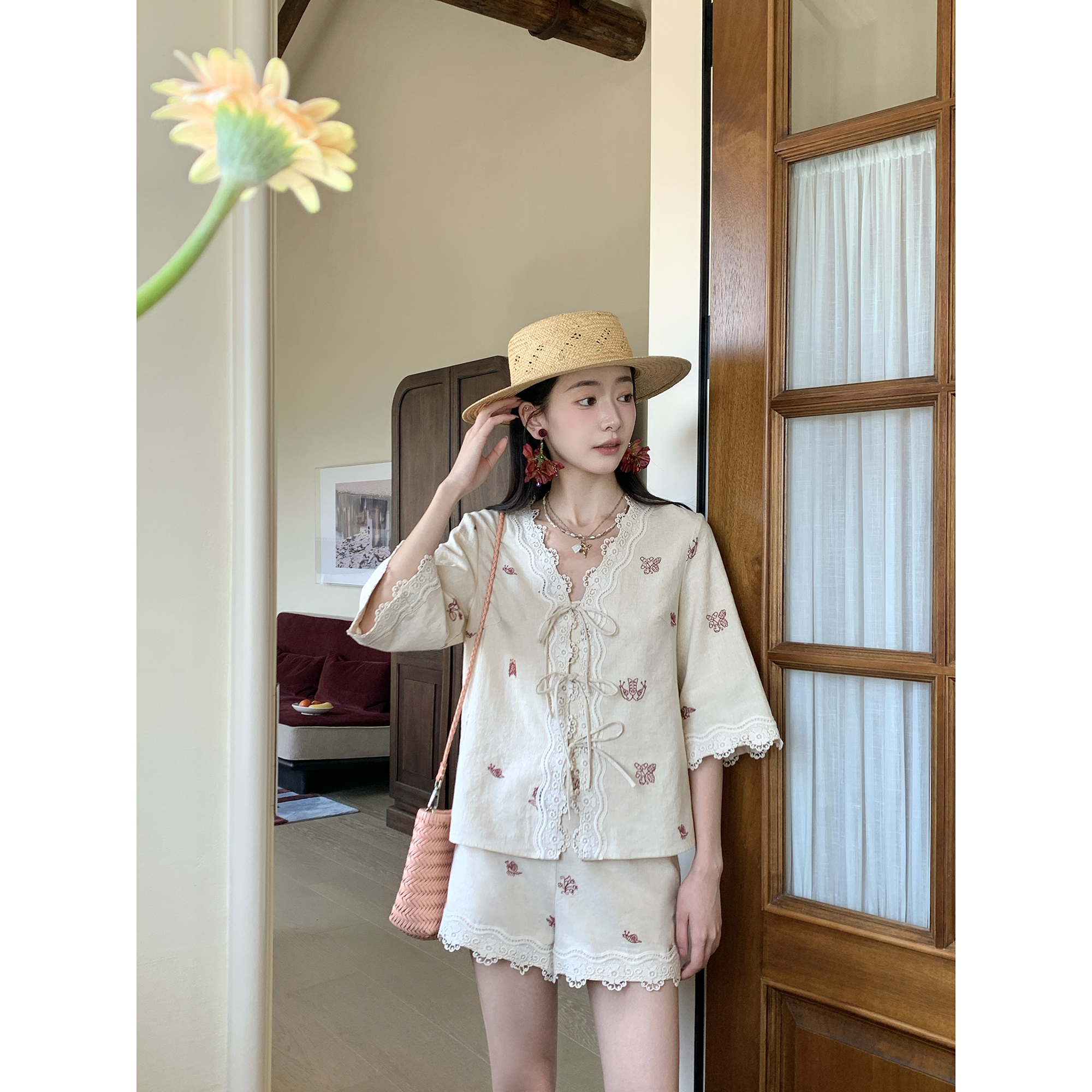 Thecoco 天然棉麻刺绣七分袖花边套装女装夏季甜美气质百搭两件套