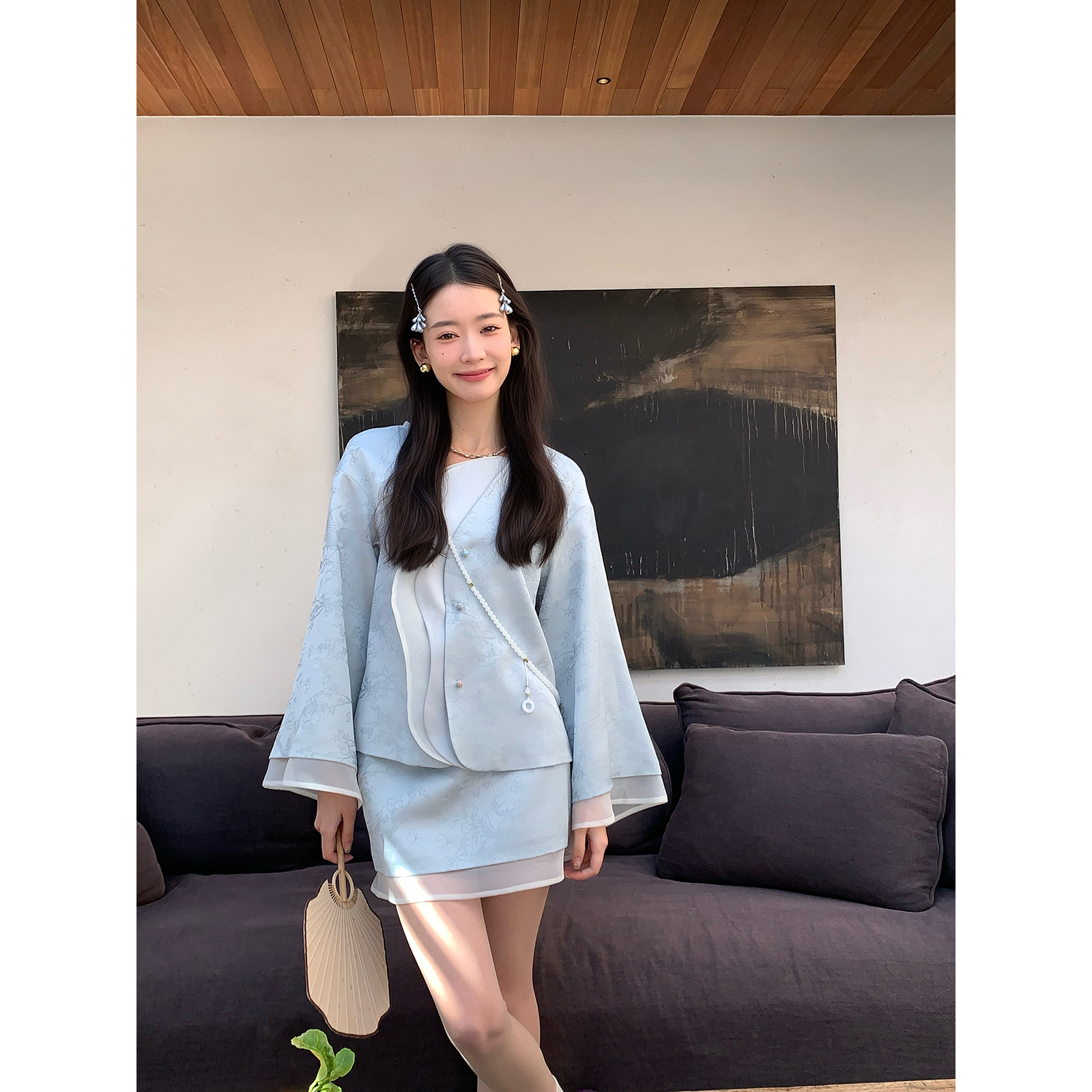 Thecoco 蓝色序曲 淡蓝色新中式提花薄套装女装春季气质外套半裙