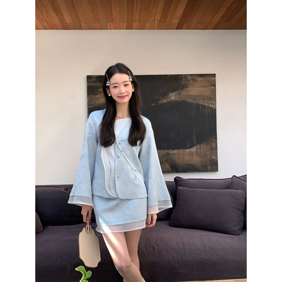 Thecoco 蓝色序曲 淡蓝色新中式提花薄套装女装春季气质外套半裙