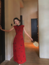 复古撞色温婉优雅气质修身 Thecoco 改良款 红黑花旗袍女装 长裙 夏季