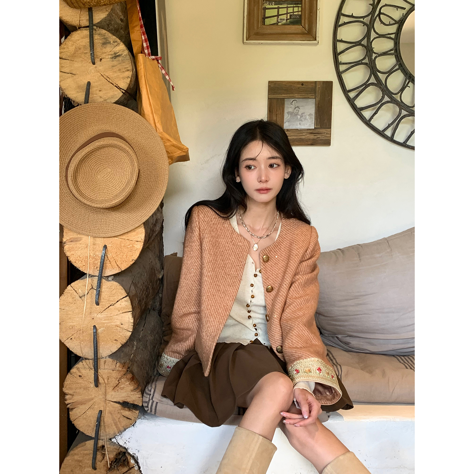 Thecoco 阿勒泰小香 原创设计外套女秋亮片拼接袖口减龄显白上衣