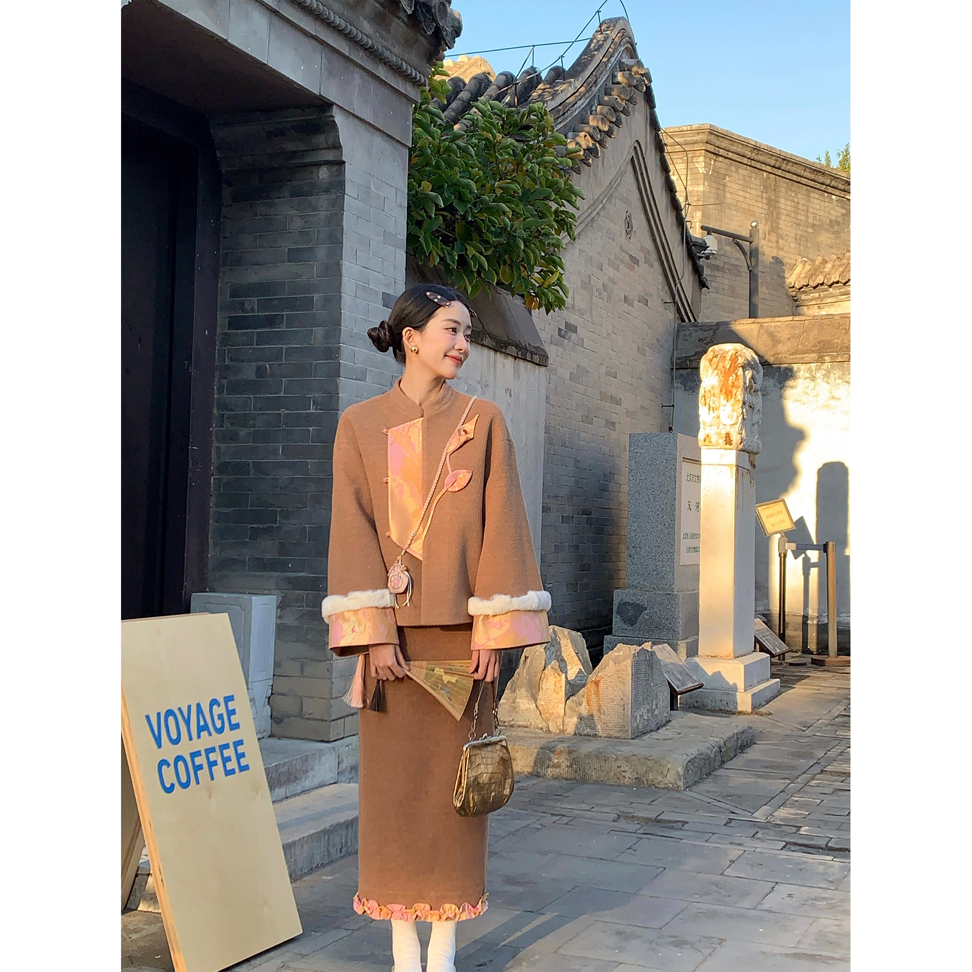 Thecoco 原创手工花新中式毛呢套装女秋冬提花外套半裙气质一整套