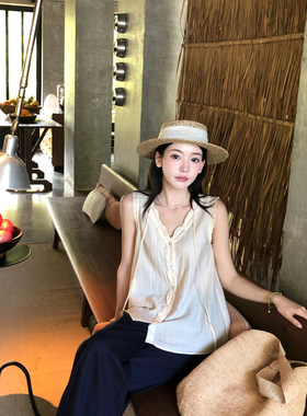 Thecoco 刺绣叶片天丝棉上衣女夏季蕾丝花边甜美百搭v领显瘦无袖