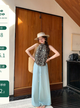 Thecoco【6/20早10点新品95折】湖蓝色分割线混纺麻夏季阔腿裤