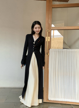 Thecoco 黑色长针织上衣+飘飘阔腿裤套装女春季修身显瘦气质一套