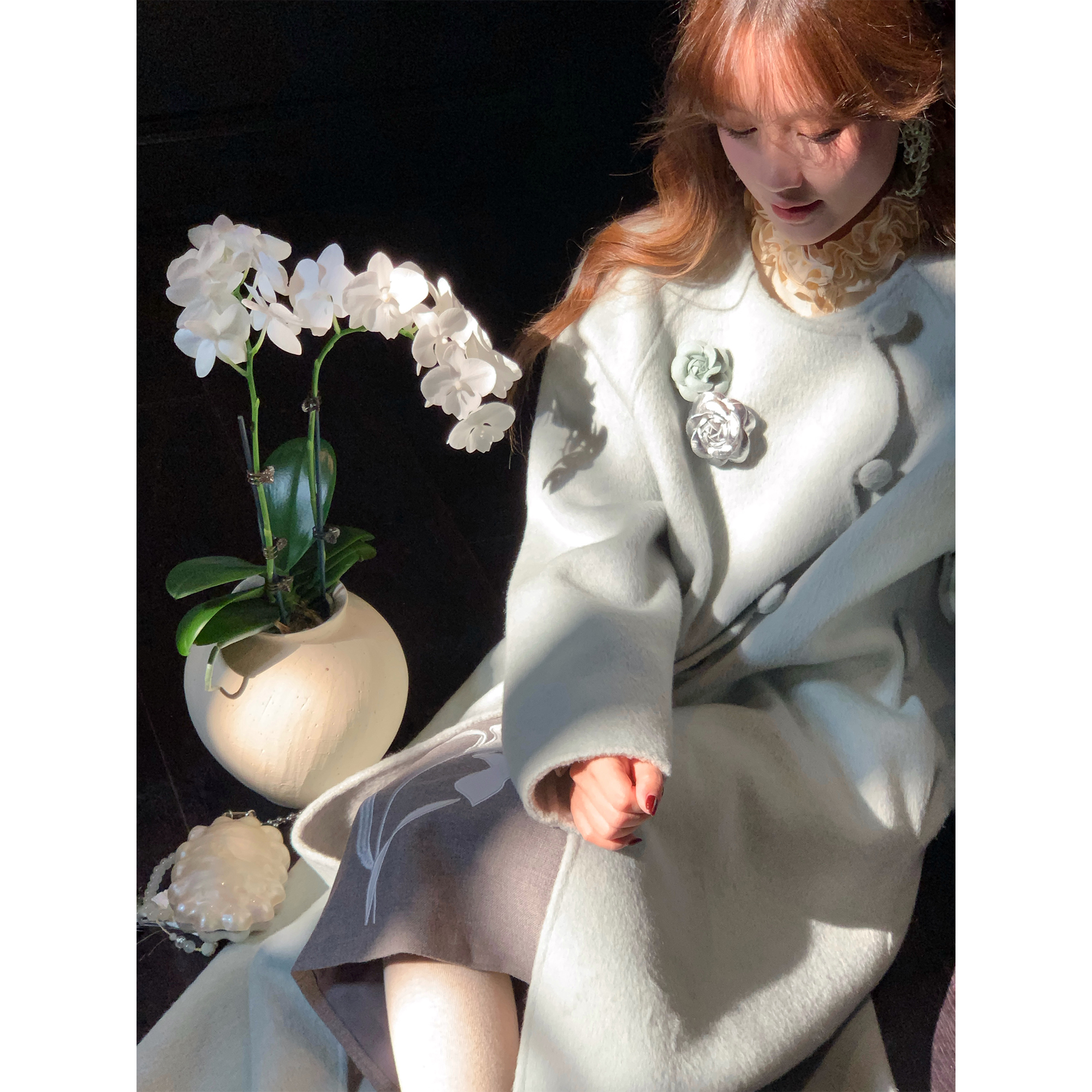 Thecoco 清茶牡蛎 气质花瓣摆可双面穿原创长款澳洲羊毛大衣女冬