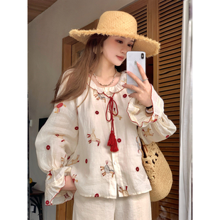 Thecoco 显白红色刺绣亚麻透气上衣女夏季浪漫甜美 流苏绳可拆卸