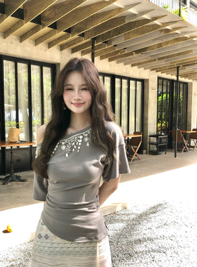 Thecoco 流苏麦穗原创T恤女夏季修身显瘦气质百搭短袖tee正肩上衣