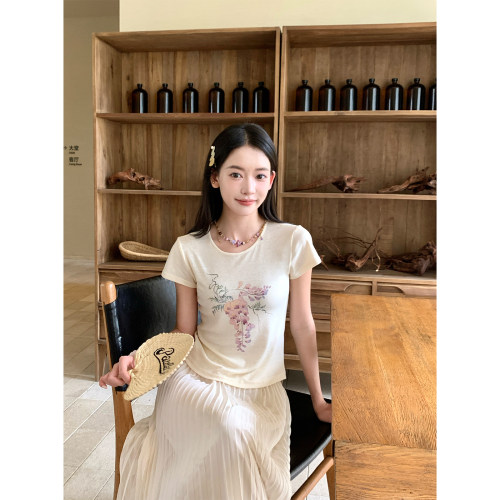 Thecoco 紫藤 插画师合作款新中式原创印花莱赛尔亚麻短袖T恤女夏