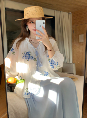 Thecoco 清新显白蓝色刺绣苎麻上衣半裙套装女夏季百搭气质一整套
