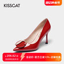 浅口细高跟单鞋 女KA21130 接吻猫春秋牛漆皮一脚蹬婚鞋 KISSCAT