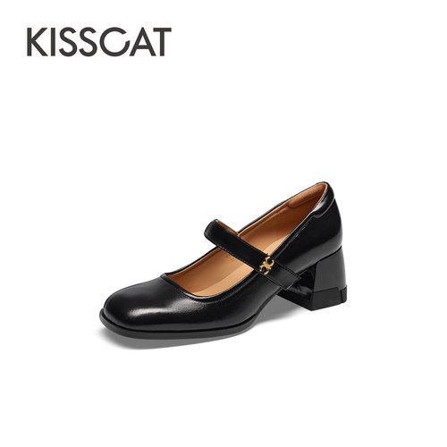接吻猫羊皮粗高跟玛丽珍单鞋