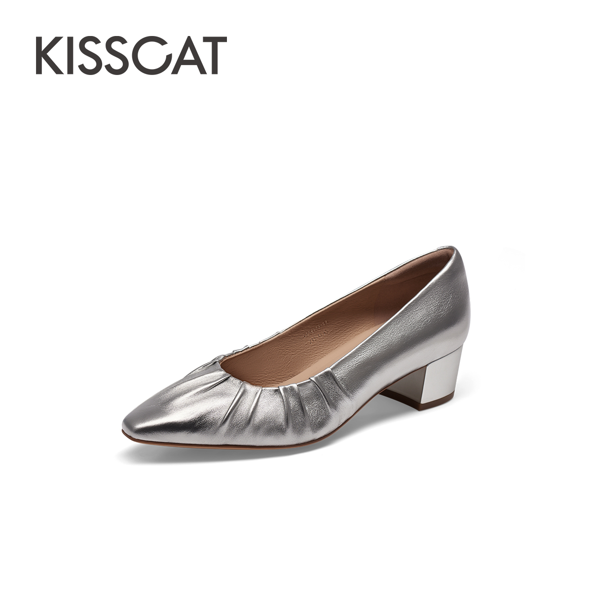 接吻猫羊皮通勤方头粗跟单鞋