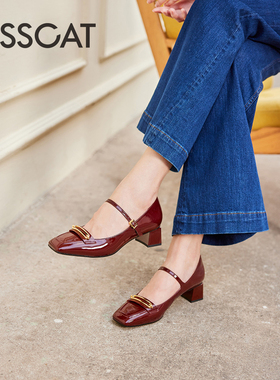 KISS CAT/接吻猫春秋牛漆皮玛丽珍鞋方头粗高跟单鞋女KA54114-11