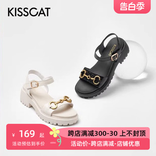 KISS 接吻猫夏季 CAT 圆头牛皮马衔扣一字带厚底凉鞋 女KA21398