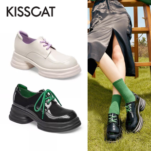 女KA32646 接吻猫春秋圆头牛皮拼接系带厚底牛津单鞋 CAT KISS