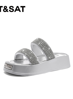 St&Sat/星期六夏季水钻厚底增高一字型外穿凉拖鞋女SSC2110C5W
