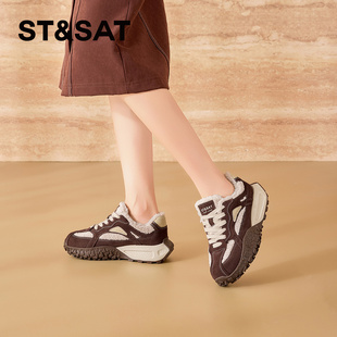 St&Sat 女SSC411DCUR 星期六秋冬牛反绒拼接系带加绒厚底德训鞋