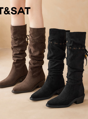 St&Sat/星期六秋冬西部牛仔靴尖头堆堆靴粗跟骑士靴女SSD4117CFJ