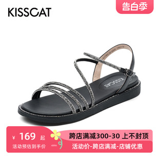 KISS 接吻猫夏季 CAT 烫钻一字扣带圆头厚底休闲凉鞋 女KA21385