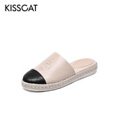 KISSCAT 女KA21185 接吻猫夏季 羊皮圆头拼接一脚蹬平底包头拖鞋
