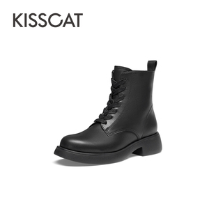 接吻猫牛皮马丁靴圆头侧拉链厚底通勤短靴女KA43617 KISS CAT