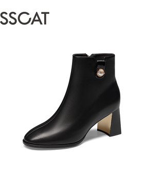 KISS CAT/接吻猫秋冬牛皮时装靴侧拉链粗高跟短靴女KA43529-11