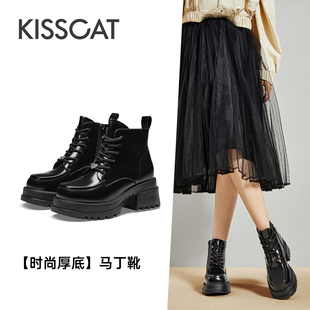 接吻猫秋冬牛皮马丁靴侧拉链粗高跟短靴女KA43588 KISS CAT