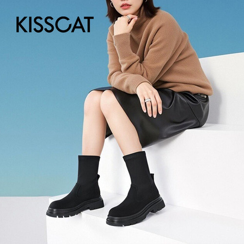 接吻猫欧美厚底弹力瘦瘦靴女