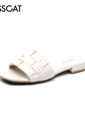 KISSCAT/接吻猫夏季方头编织低跟一字型低跟露趾拖鞋女KA21303-12
