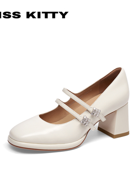 KISSKITTY春秋羊皮玛丽珍鞋水钻双扣带单鞋粗高跟鞋女SA65126-81