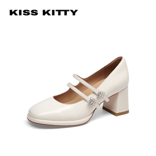 KISSKITTY春秋羊皮玛丽珍鞋水钻双扣带单鞋粗高跟鞋女SA65126-81