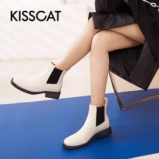 接吻猫秋冬牛皮烟筒靴方头低跟切尔西靴女KA21509 KISS CAT