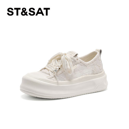 星期六珍珠系带厚底增高小白鞋