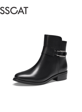 KISS CAT/接吻猫秋冬牛皮时装靴尖头粗跟保暖短靴女KA43619-11