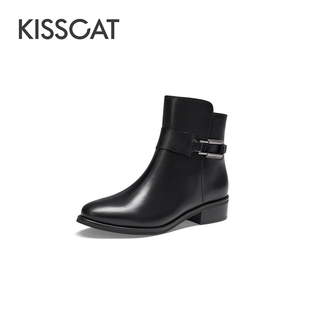 靴尖头粗跟保暖短靴女KA43619 接吻猫秋冬牛皮时装 CAT KISS
