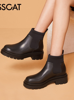 KISS CAT/接吻猫秋冬新款牛皮切尔西靴圆头厚底短靴女KA32549-52