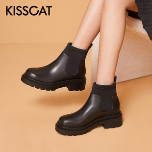 牛皮切尔西靴圆头厚底短靴女KA32549 接吻猫秋冬新款 CAT KISS