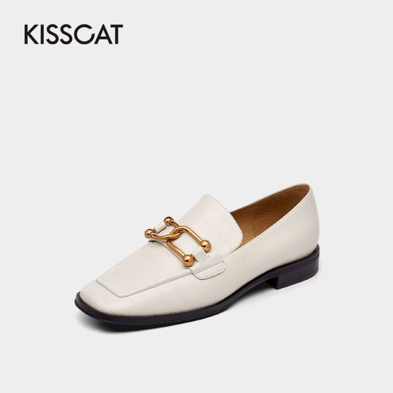 KISSCAT/接吻猫春秋牛皮方头扣饰一脚蹬低跟乐福单鞋女KA21679-50,女鞋,乐福鞋（豆豆鞋）,淘宝优惠券,粉丝福利购,淘宝优惠卷