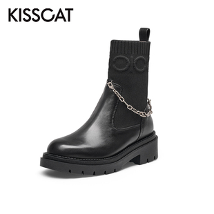 接吻猫秋冬牛皮切尔西靴厚底圆头弹力短靴女KA32549 KISS CAT