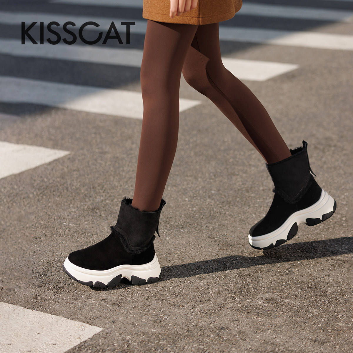 接吻猫厚底皮毛一体保暖雪地靴