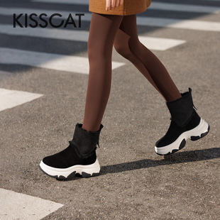 接吻猫秋冬皮毛一体雪地靴厚底保暖户外靴女KA43796 KISS CAT