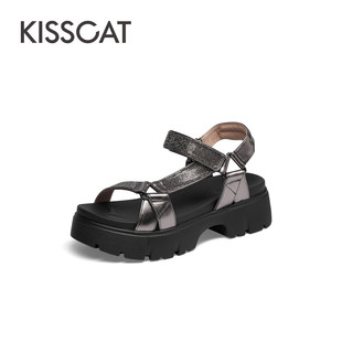 水钻魔术贴厚底沙滩勃肯凉鞋 KISS CAT 接吻猫夏季 女KA54311